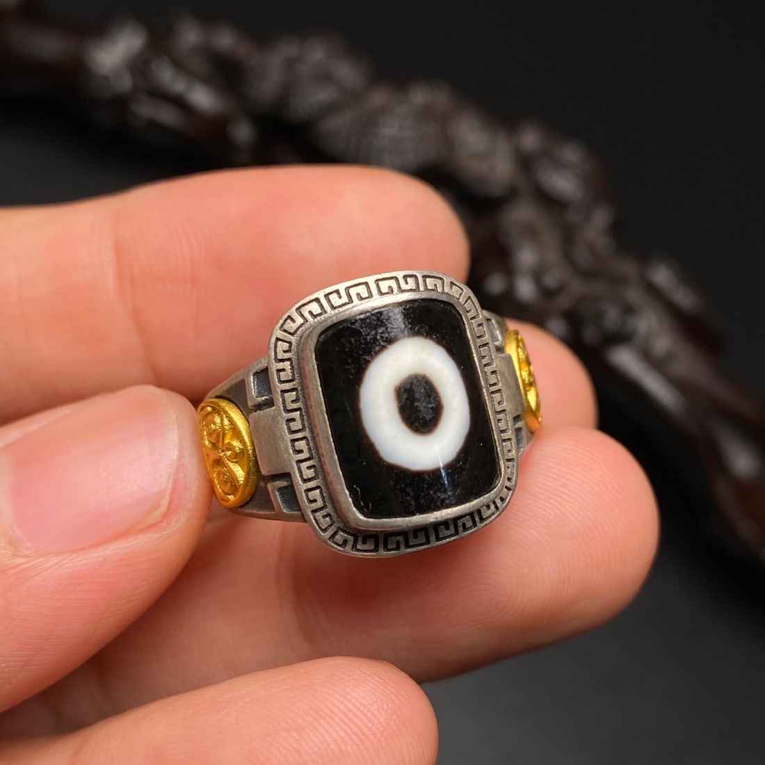Silver Inlay DZI Agate Ring(Adjustable size) - 5