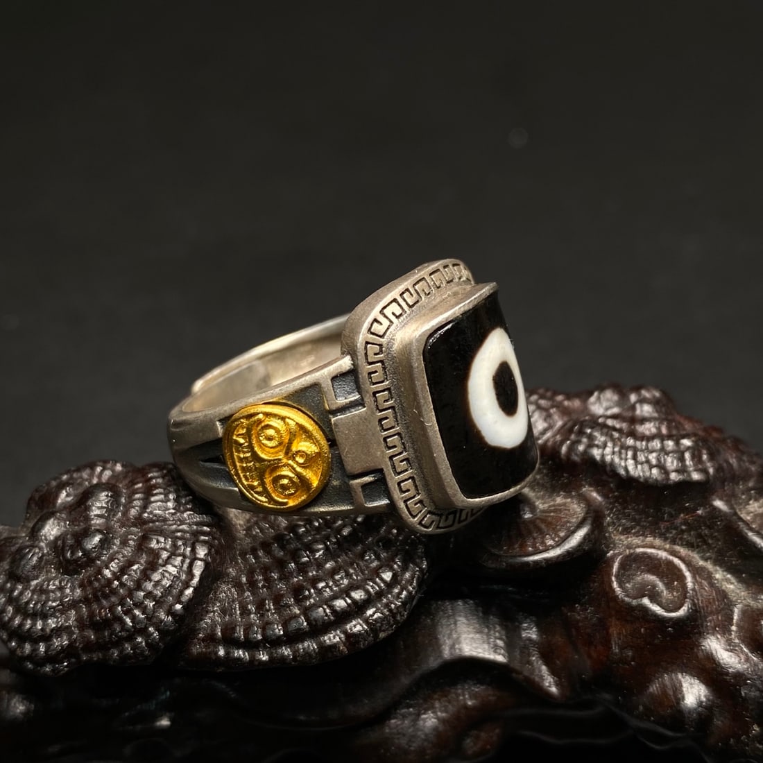 Silver Inlay DZI Agate Ring(Adjustable size) - 6