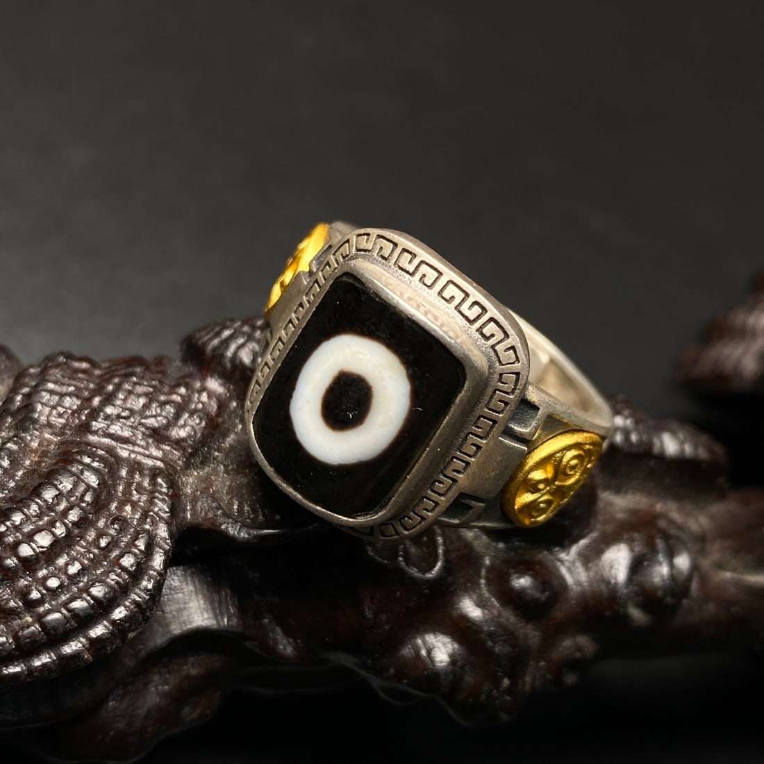 Silver Inlay DZI Agate Ring(Adjustable size) - 7