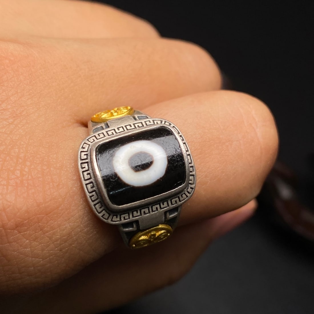 Silver Inlay DZI Agate Ring(Adjustable size) - 9