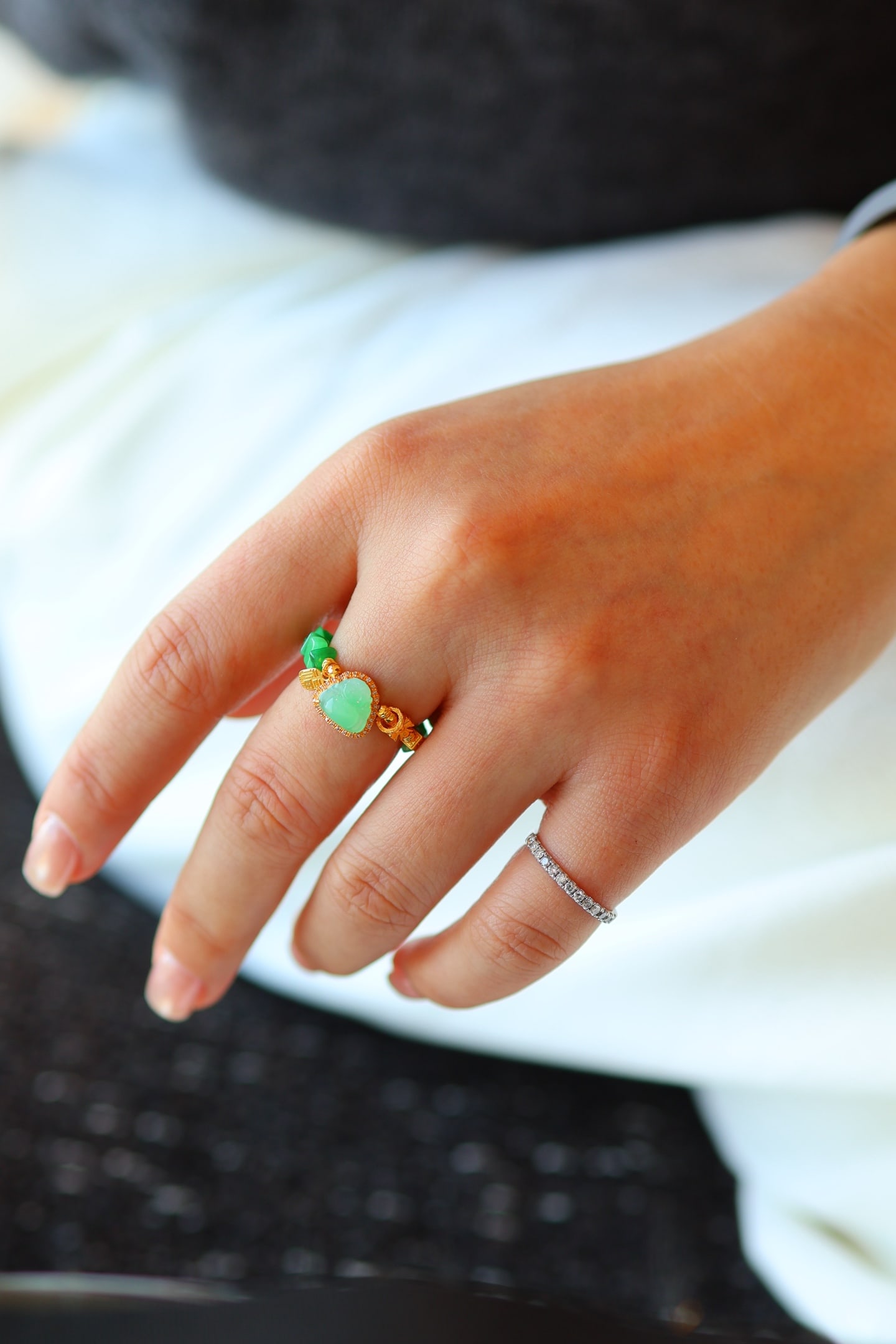 18K Gold Inlay Green Jadeite Buddha Ring (1 of 9)