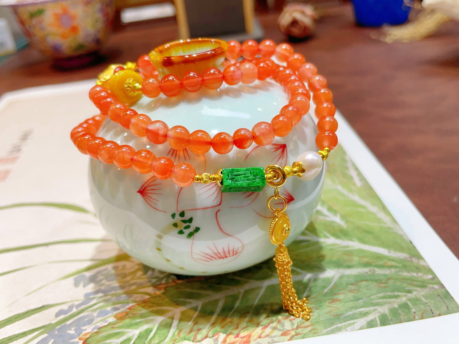 Chinese Nanhong Agate & Green Jadeite Hand Chain (1 of 6)