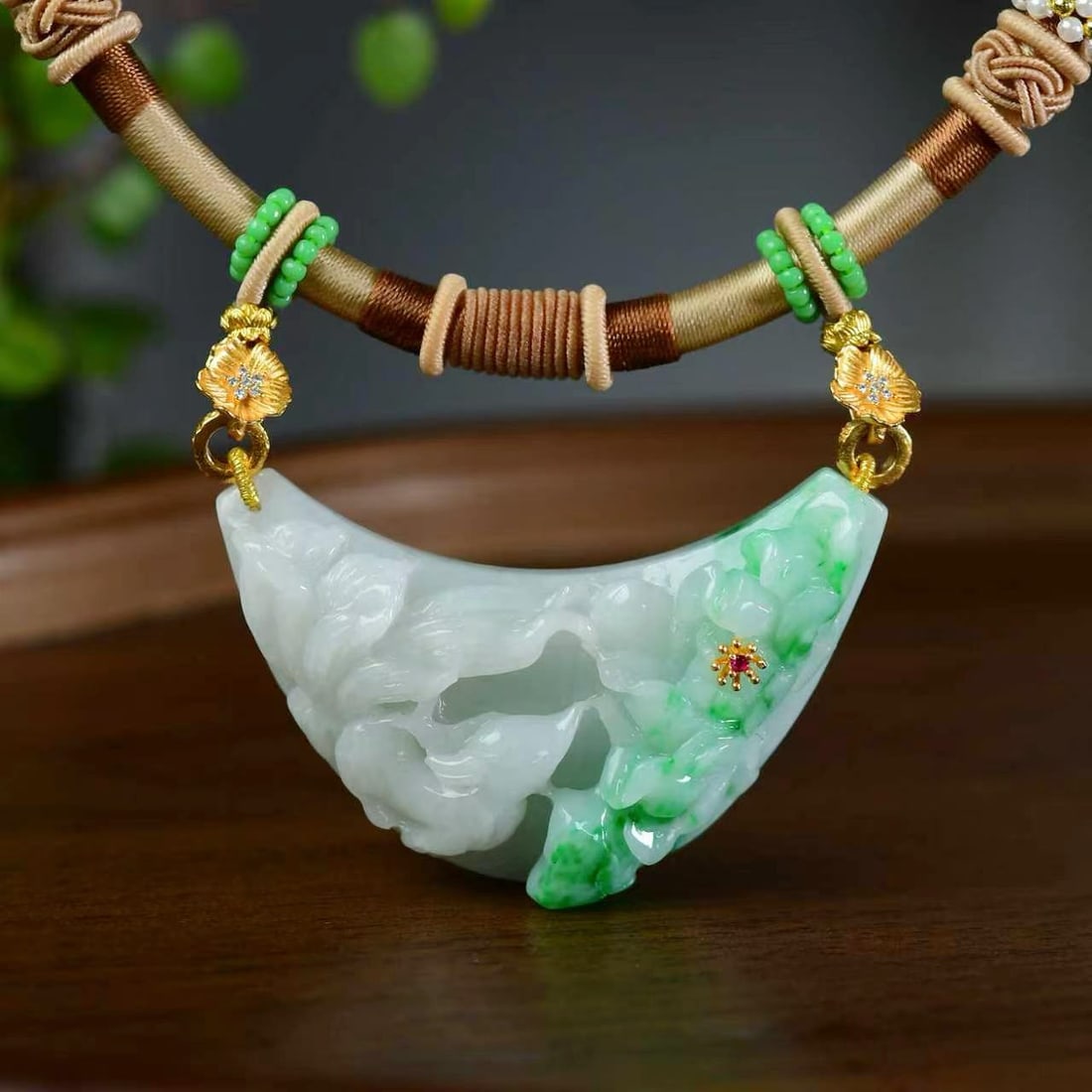 Natural Jadeite Carved Fox Pendant w Hand-Woven Necklace (1 of 6)
