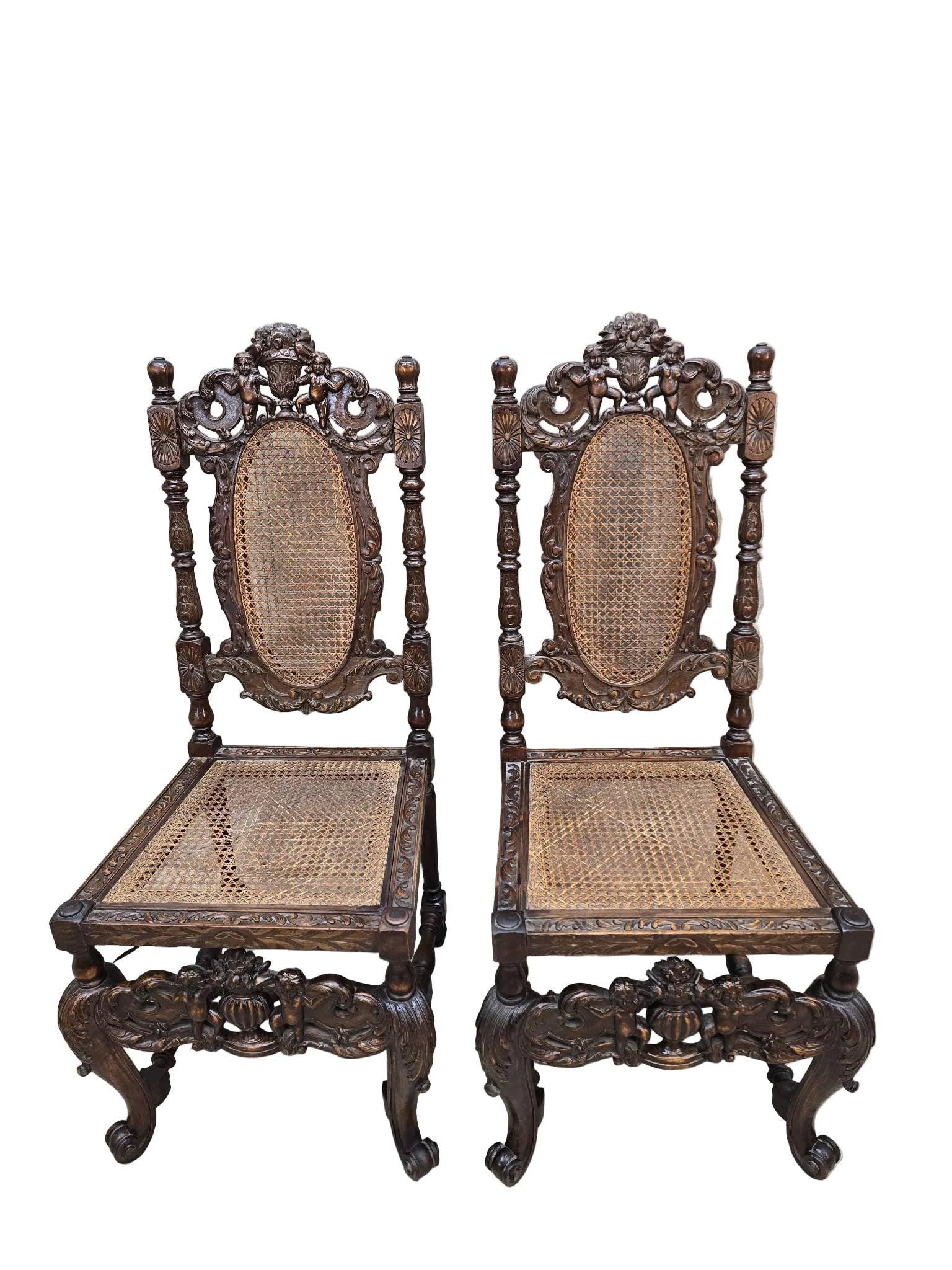 Antique Renaissance Revival Cane Throne Chairs - Pair - 2