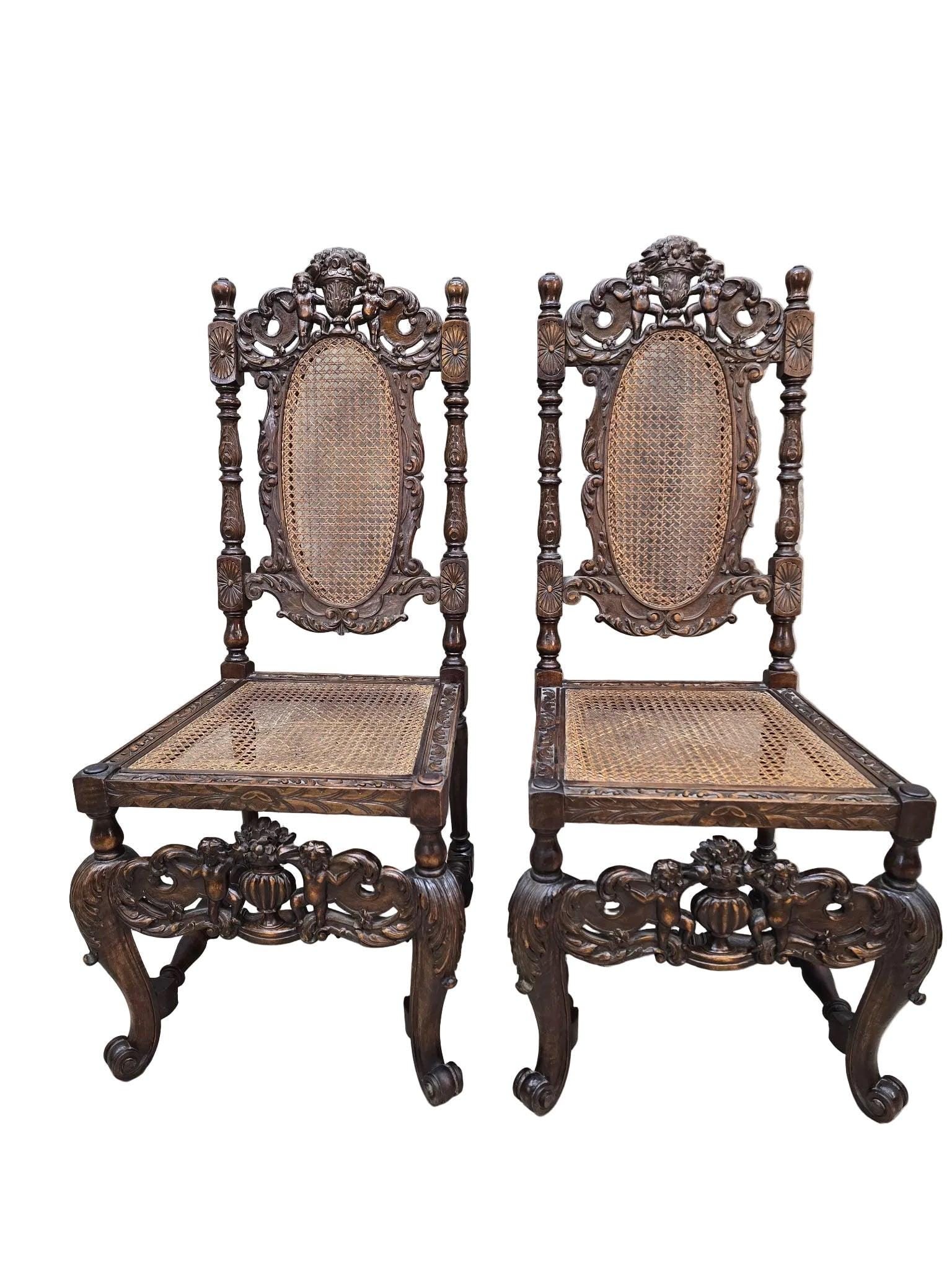 Antique Renaissance Revival Cane Throne Chairs - Pair - 3