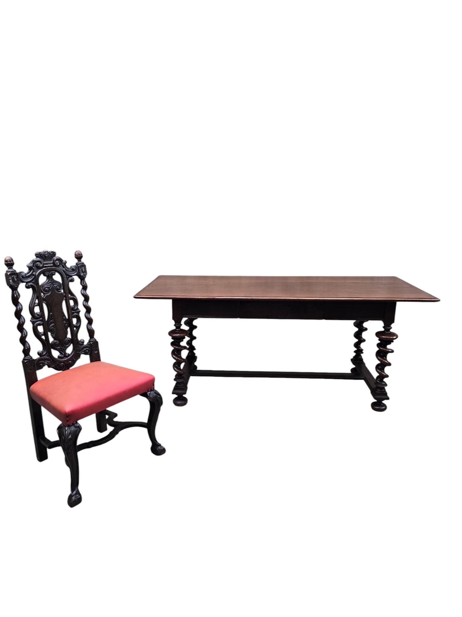 Antique Jacobean Revival Style Carved Barley Twist Desk with High Back Chair - 2