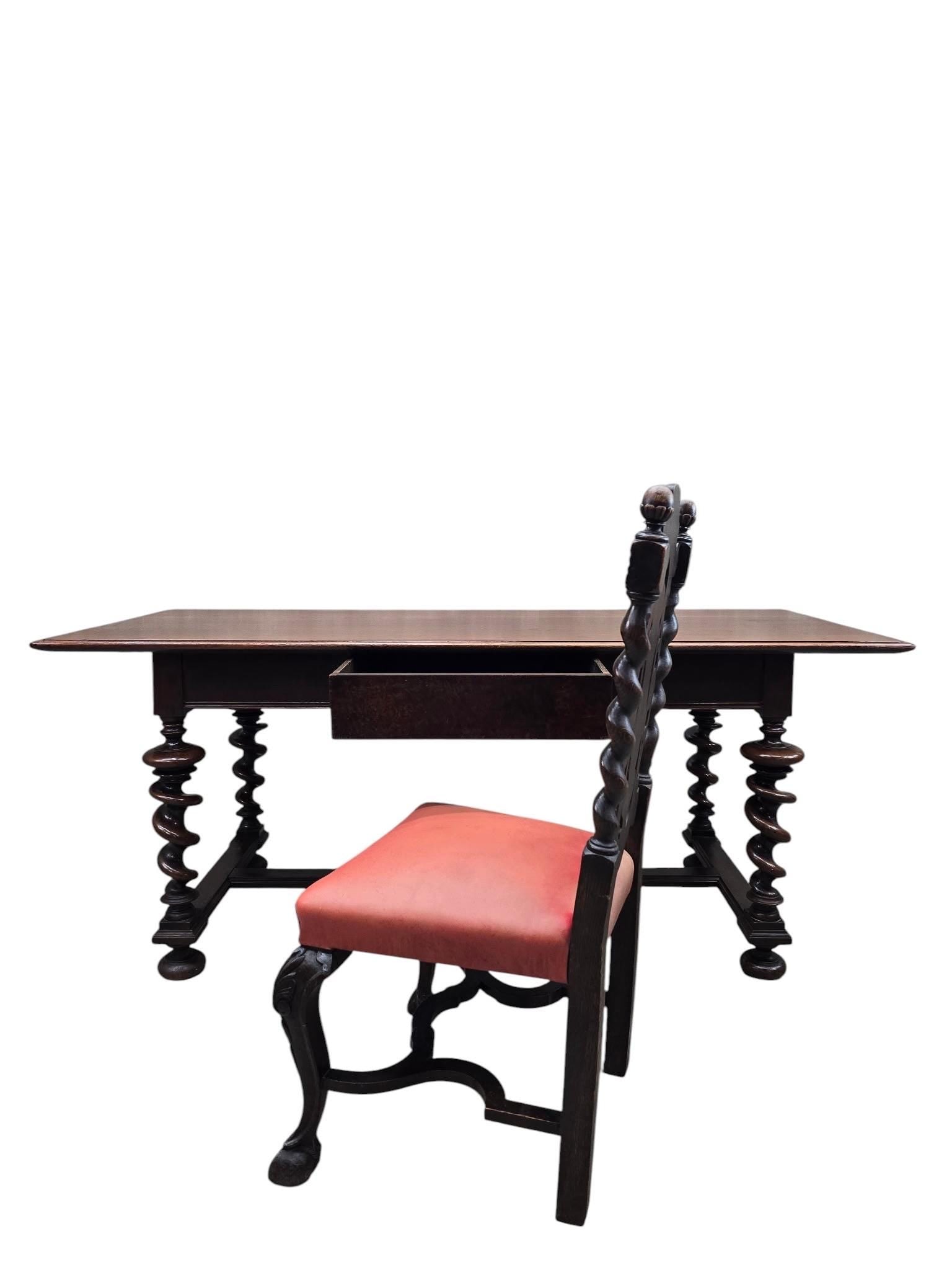 Antique Jacobean Revival Style Carved Barley Twist Desk with High Back Chair - 6