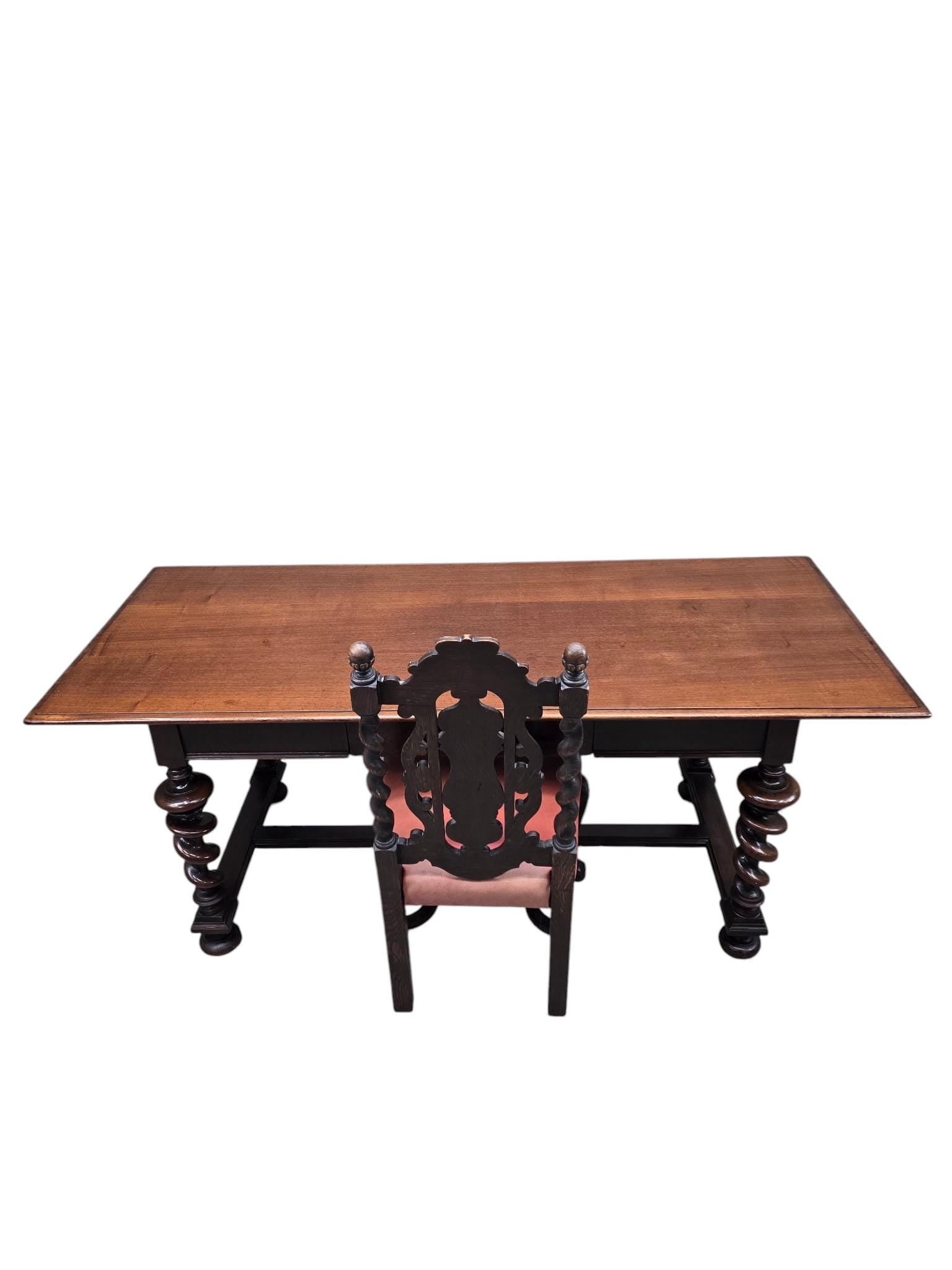 Antique Jacobean Revival Style Carved Barley Twist Desk with High Back Chair - 8