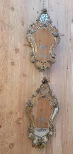 Antique Italian Venetian Etched Floral Glass Wall Mirror - Set of 2 - 3
