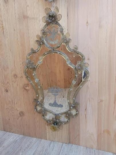 Antique Italian Venetian Etched Floral Glass Wall Mirror - Set of 2 - 4
