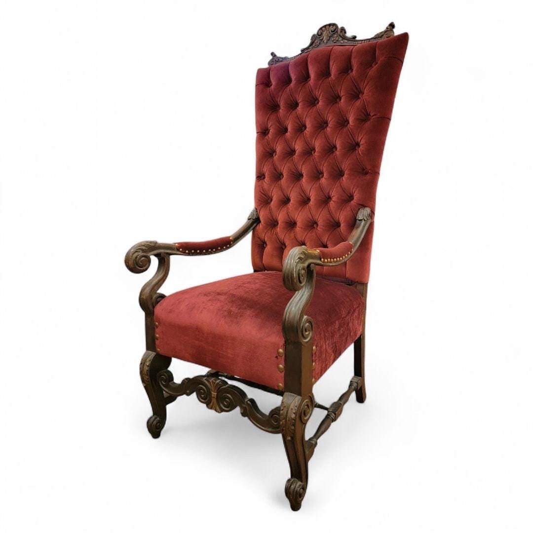 Antique Victorian Oversized Tufted Throne Chair Newly Reupholstered - 7