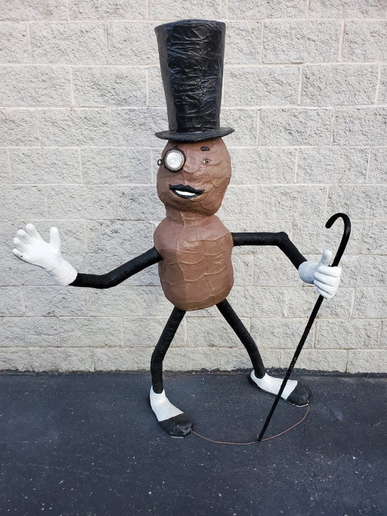 Vintage Oversized Paper Mache Planters Peanut Mr. Peanut Statue: Title: Vintage Oversized Paper Mache Planters Peanut Mr. Peanut Statue Description: Vintage Oversized Paper Mache Planters Peanut Mr. Peanut Statue Circa End 20th Century Dimensions H 72" W 62" D 34"