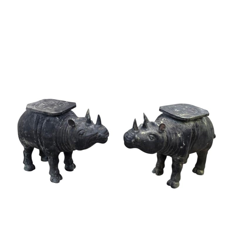 Antique Balinese Hammered Bronze Saddled Rhino Plant Stands / Cocktail Tables – Set of 2 (1 of 8)