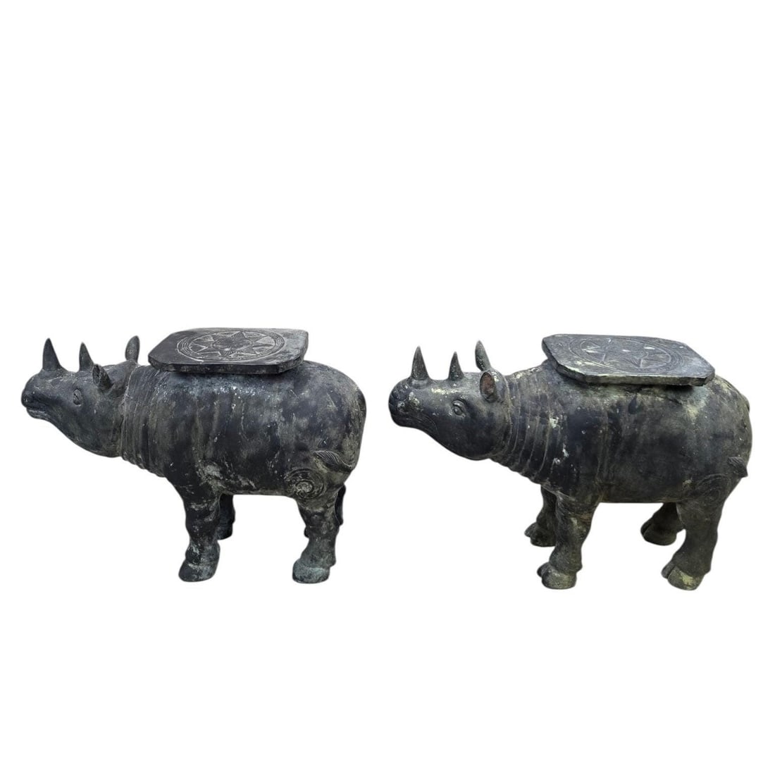 Antique Balinese Hammered Bronze Saddled Rhino Plant Stands / Cocktail Tables – Set of 2 - 3
