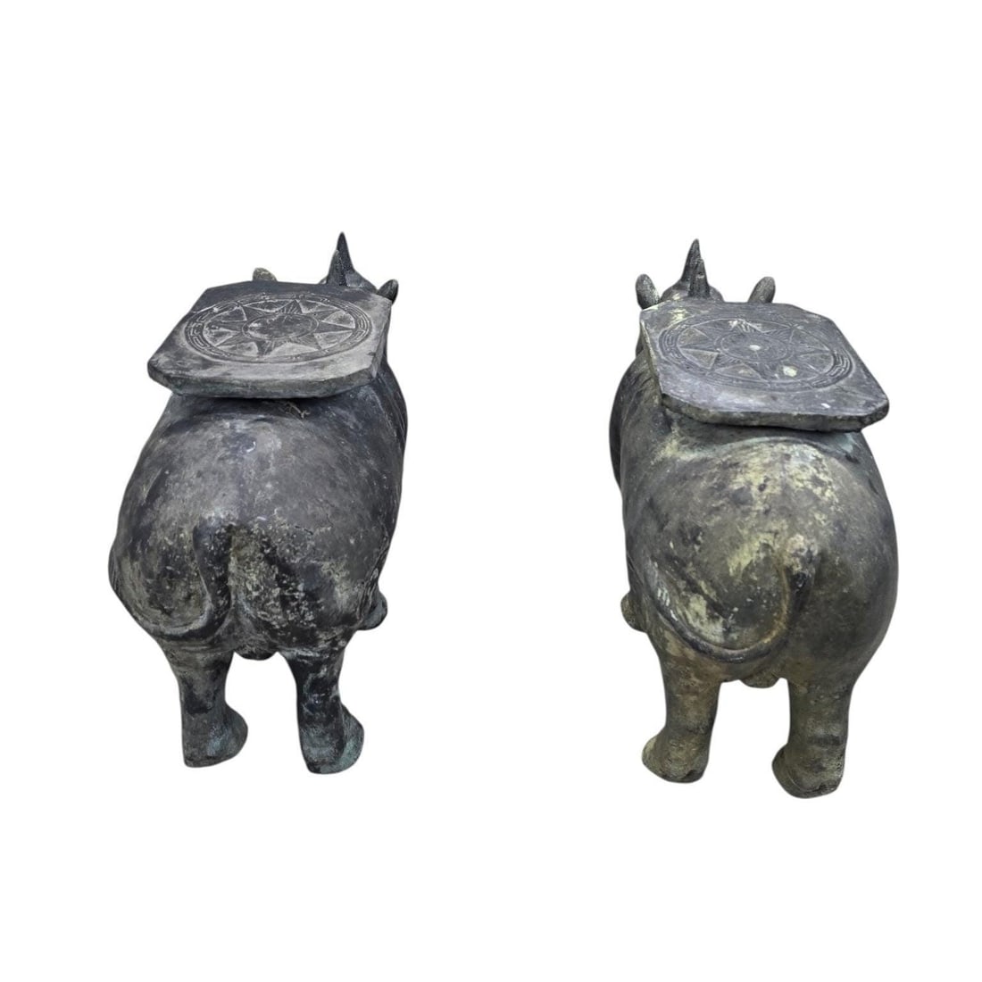 Antique Balinese Hammered Bronze Saddled Rhino Plant Stands / Cocktail Tables – Set of 2 - 4