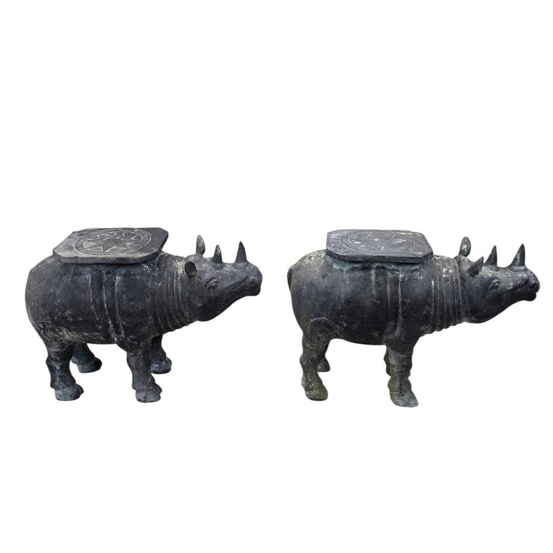 Antique Balinese Hammered Bronze Saddled Rhino Plant Stands / Cocktail Tables – Set of 2 - 5