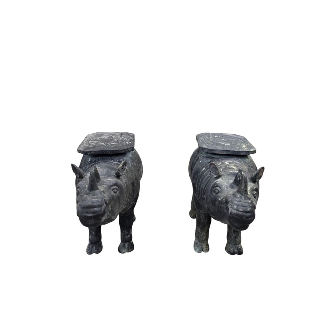 Antique Balinese Hammered Bronze Saddled Rhino Plant Stands / Cocktail Tables – Set of 2 - 6