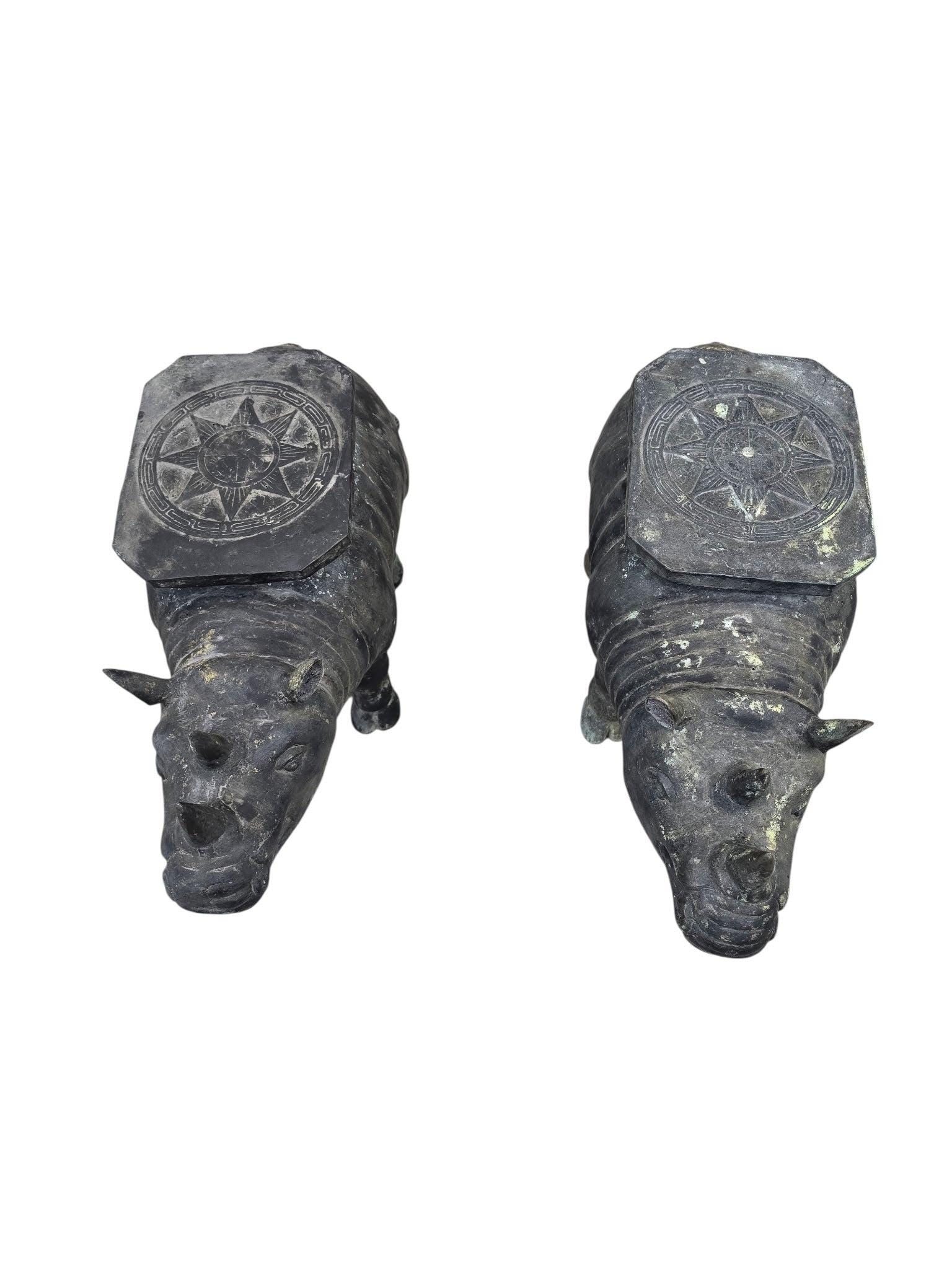 Antique Balinese Hammered Bronze Saddled Rhino Plant Stands / Cocktail Tables – Set of 2 - 7