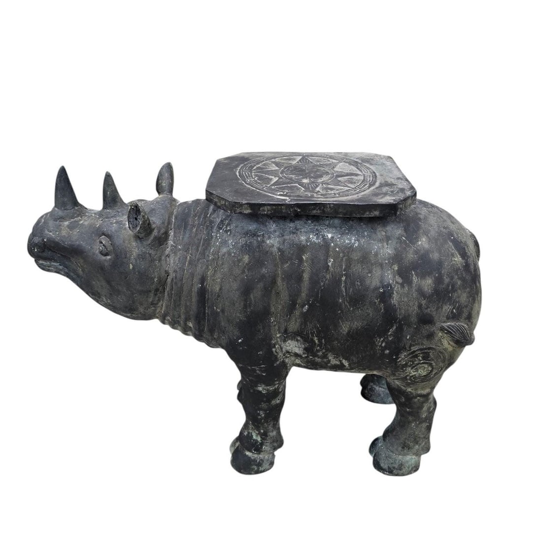 Antique Balinese Hammered Bronze Saddled Rhino Plant Stands / Cocktail Tables – Set of 2 - 8