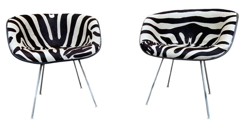MCM La Fonda Chairs by Herman Miller Newly Reupholstered - Pair: Title: MCM La Fonda Chairs by Herman Miller Newly Reupholstered - Pair Description: Mid Century Modern Eames La Fonda Chairs by Herman Miller Newly Upholstered in Zebra Print Cowhide - Pair This pair