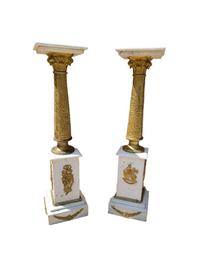 Antique French Empire Ormolu White Carrara Marble Pedestals - Pair (1 of 8)