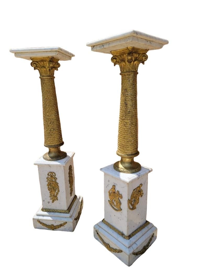 Antique French Empire Ormolu White Carrara Marble Pedestals - Pair - 4