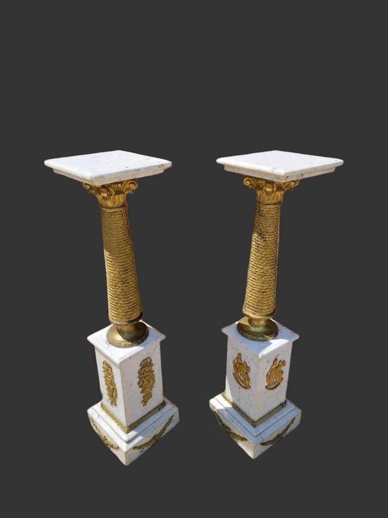 Antique French Empire Ormolu White Carrara Marble Pedestals - Pair - 6
