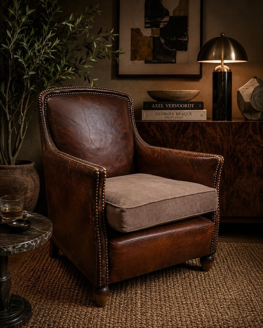 Art Deco French Distressed Leather Lounge Chair - 2