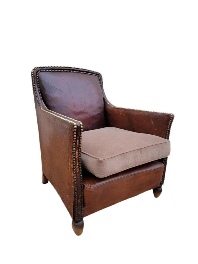 Art Deco French Distressed Leather Lounge Chair - 4