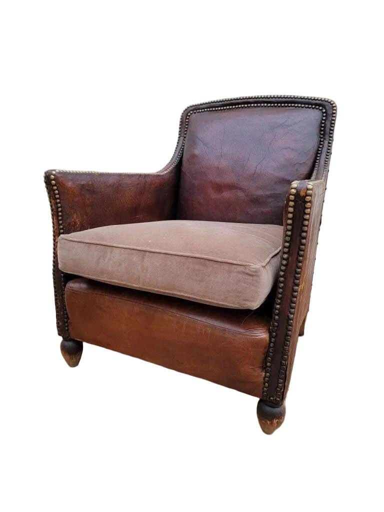 Art Deco French Distressed Leather Lounge Chair - 6