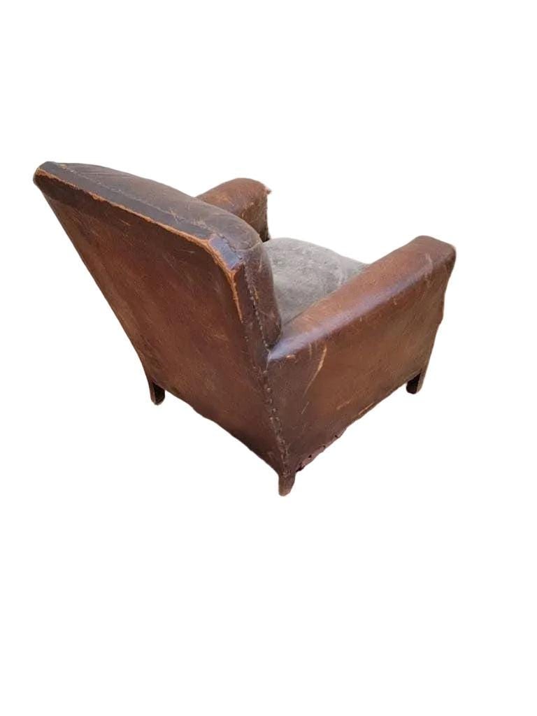 Art Deco French Distressed Leather Lounge Chair - 7