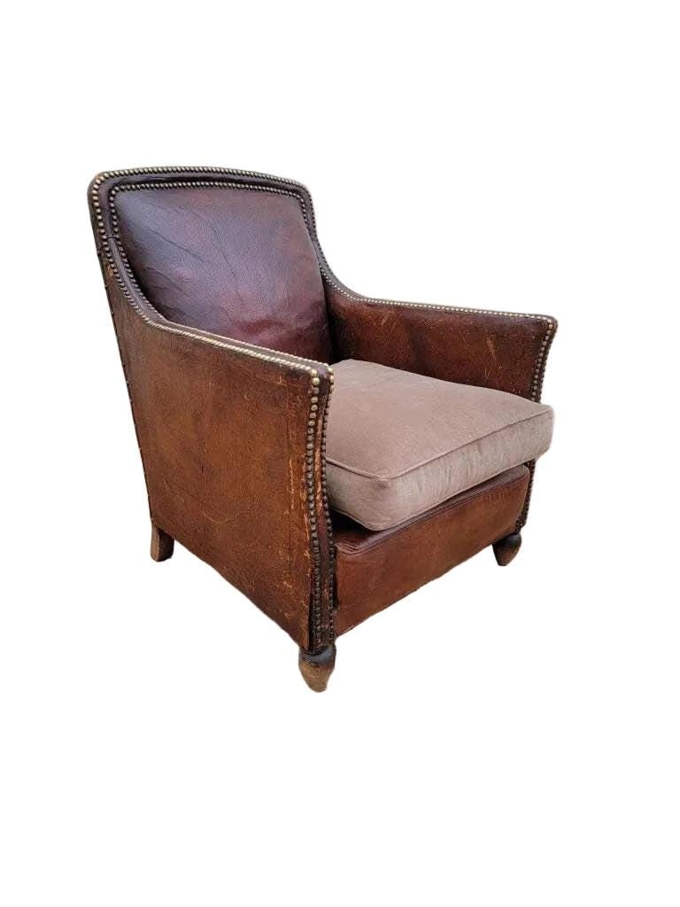 Art Deco French Distressed Leather Lounge Chair - 8