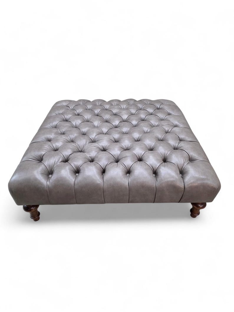 Vintage Chesterfield Style Tufted Gray Leather Ottoman (1 of 8)