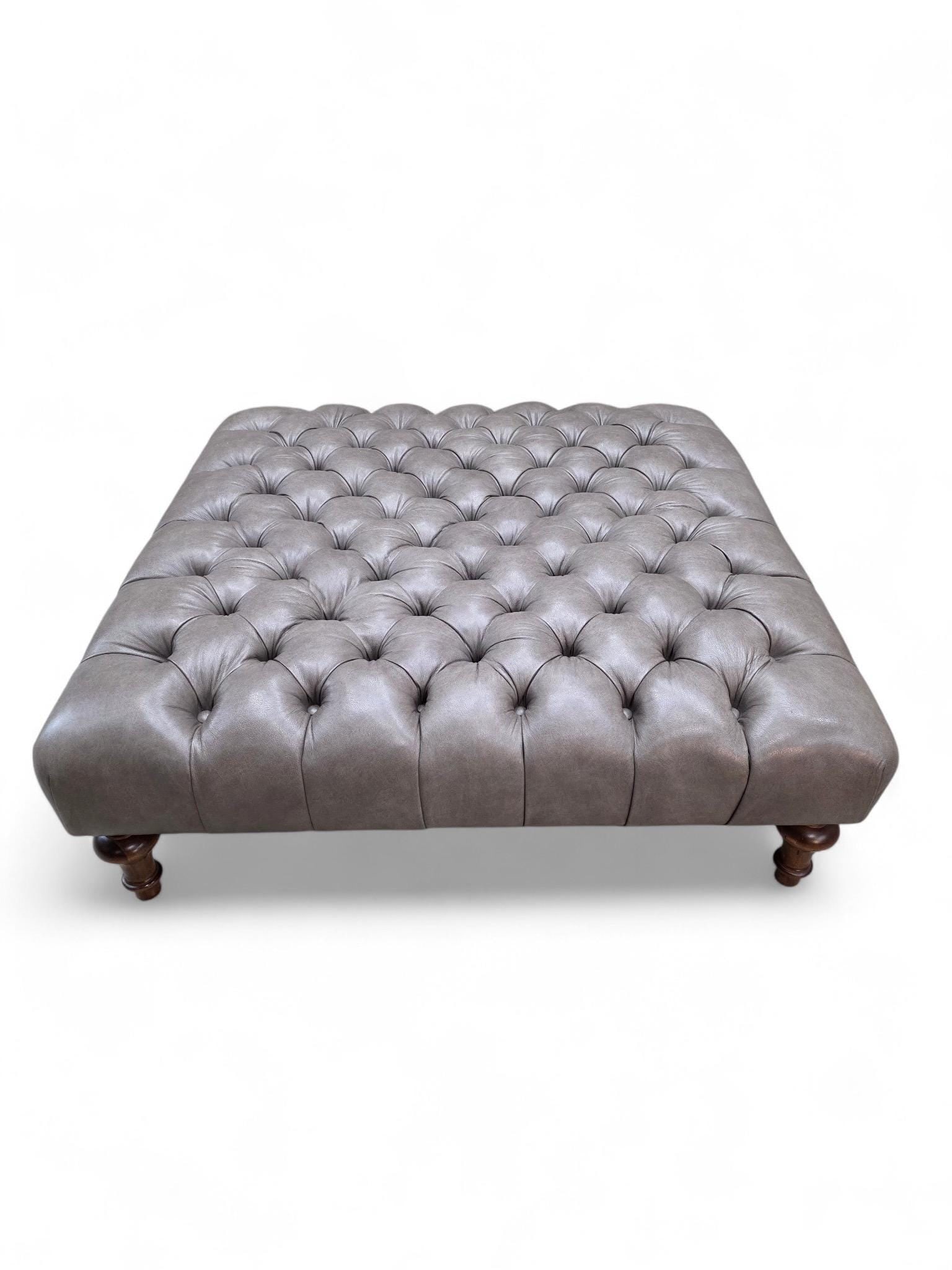 Vintage Chesterfield Style Tufted Gray Leather Ottoman - 2