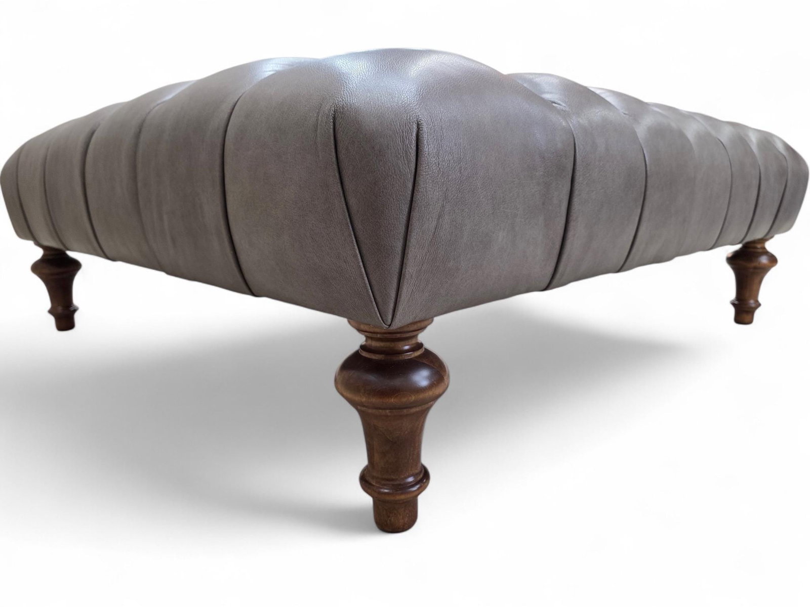 Vintage Chesterfield Style Tufted Gray Leather Ottoman - 8
