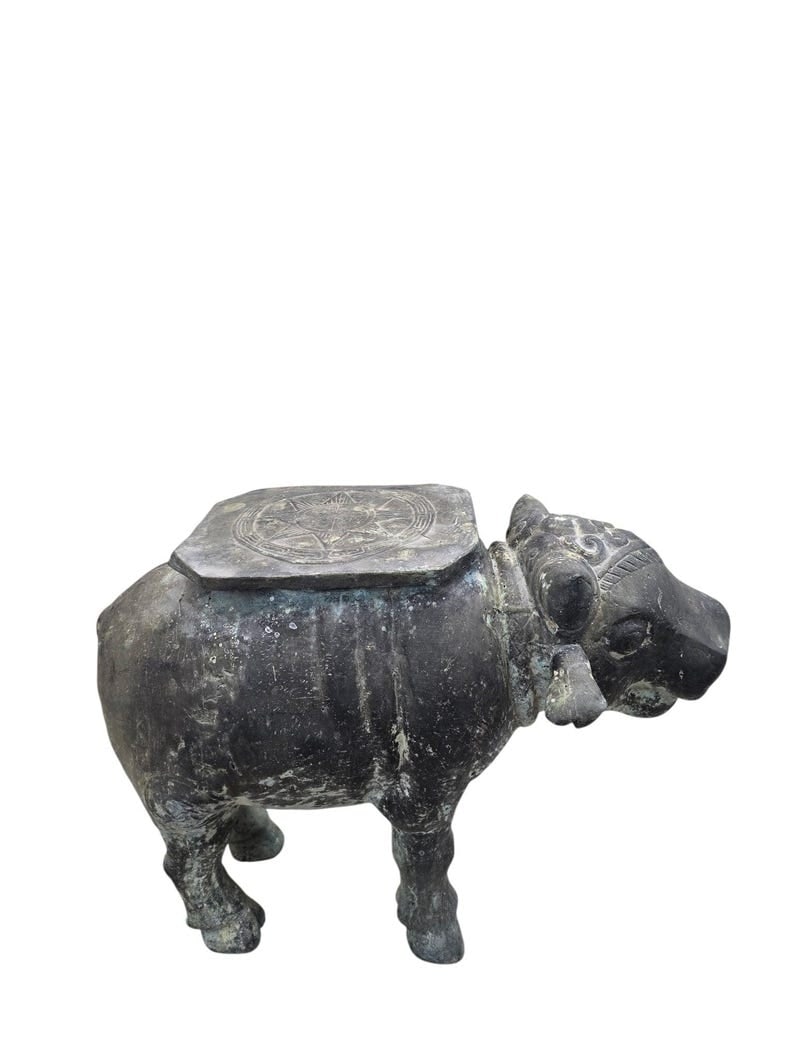 Antique Balinese Hammered Bronze Saddled Nandi Bull Table: Title: Antique Balinese Hammered Bronze Saddled Nandi Bull Table Description: Antique Balinese Finely Detailed Patina Hammered Bronze Saddled Nandi Bull Plant-Stand/Cocktail TableIntroducing antique