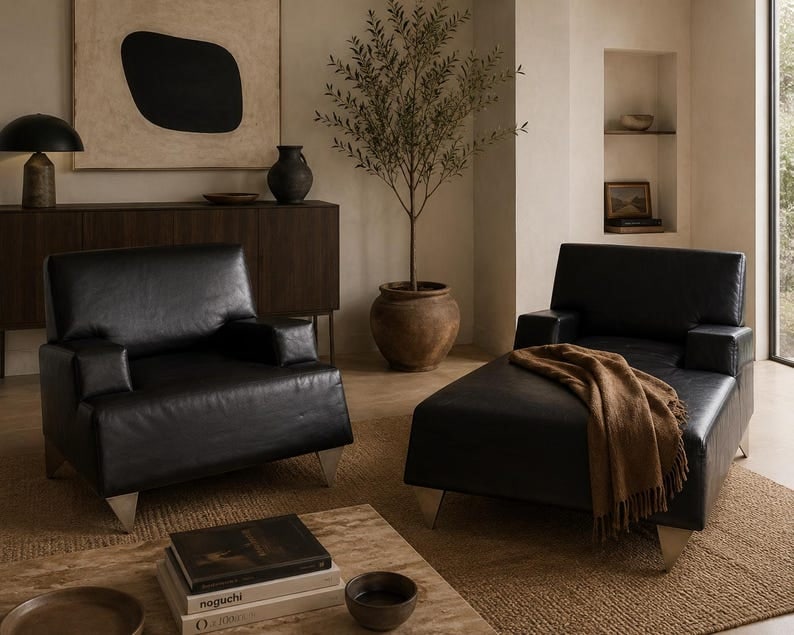 Vintage Modern Black Leather Lounge Chair and Chaise, 2-Piece Set by Catherine Chanicci (1 of 8)