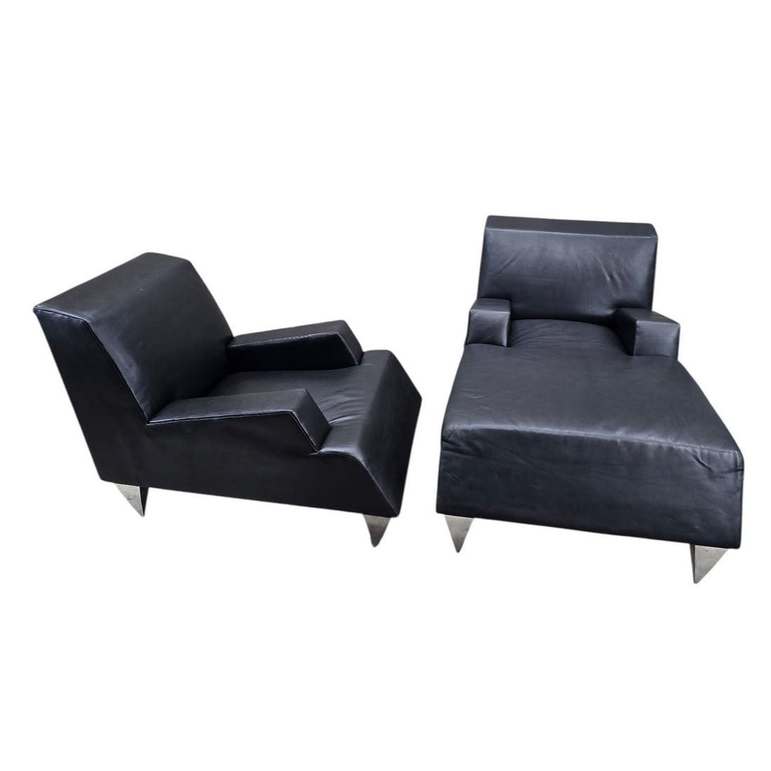 Vintage Modern Black Leather Lounge Chair and Chaise, 2-Piece Set by Catherine Chanicci - 4