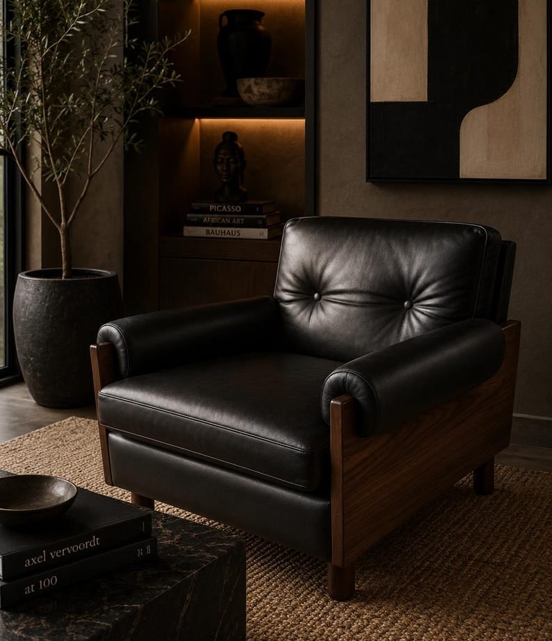 MCM Percival Lafer Style Rosewood Club Chair Newly Reupholstered: Title: MCM Percival Lafer Style Rosewood Club Chair Newly Reupholstered Description: ; Mid Century Modern Brazilian Rosewood Club Chair in the Style of Percival Lafer Newly Upholstered in a Black