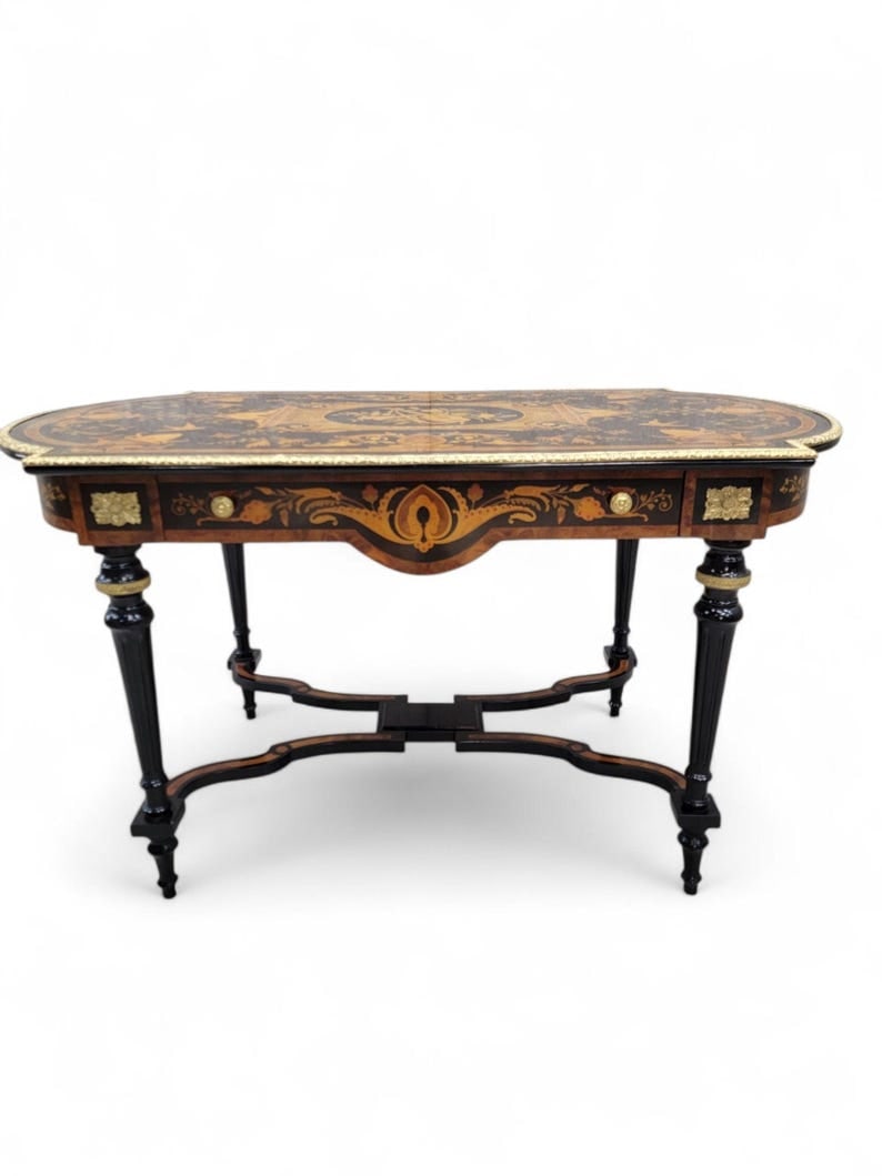 Antique Boulle Style Inlaid Brass Ormolu Mount Ebonized Writing Table Desk (1 of 8)