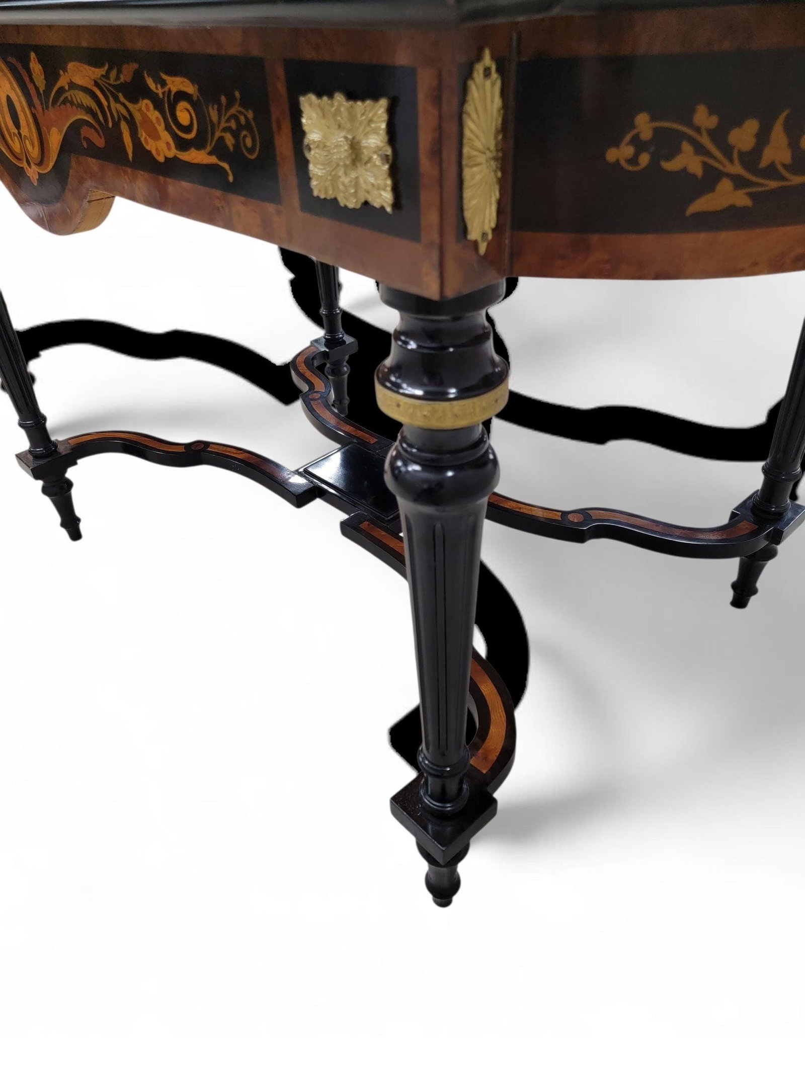 Antique Boulle Style Inlaid Brass Ormolu Mount Ebonized Writing Table Desk - 4