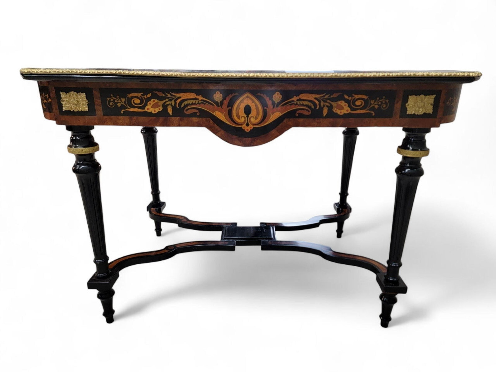 Antique Boulle Style Inlaid Brass Ormolu Mount Ebonized Writing Table Desk - 5