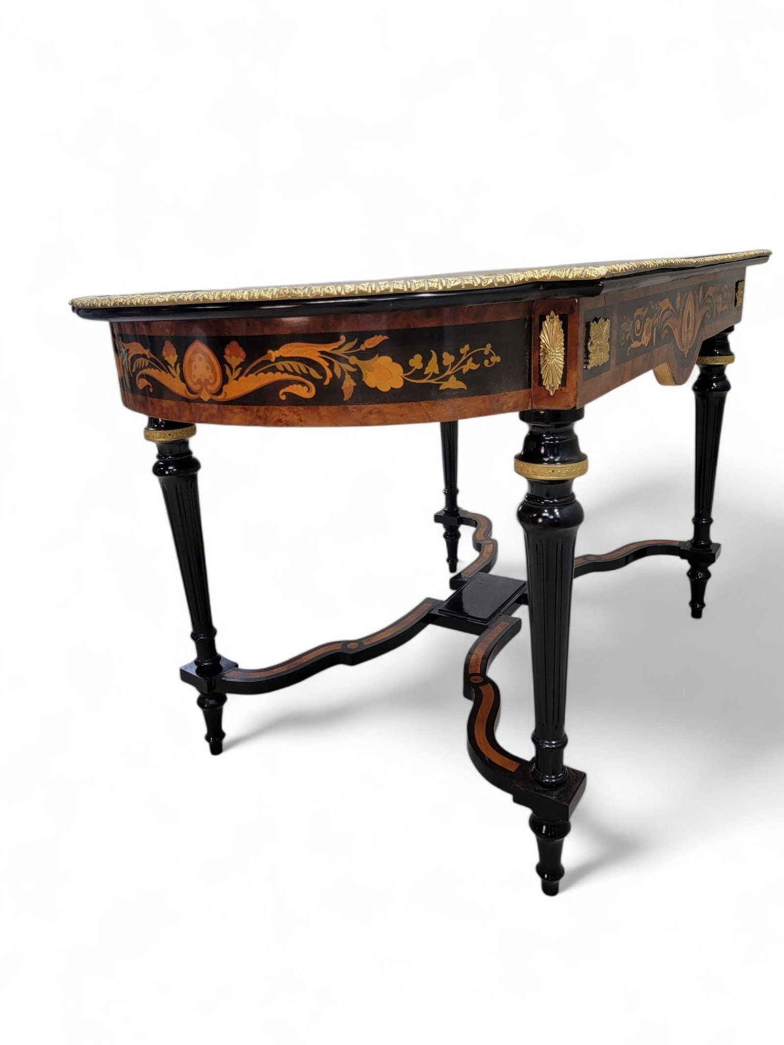 Antique Boulle Style Inlaid Brass Ormolu Mount Ebonized Writing Table Desk - 6