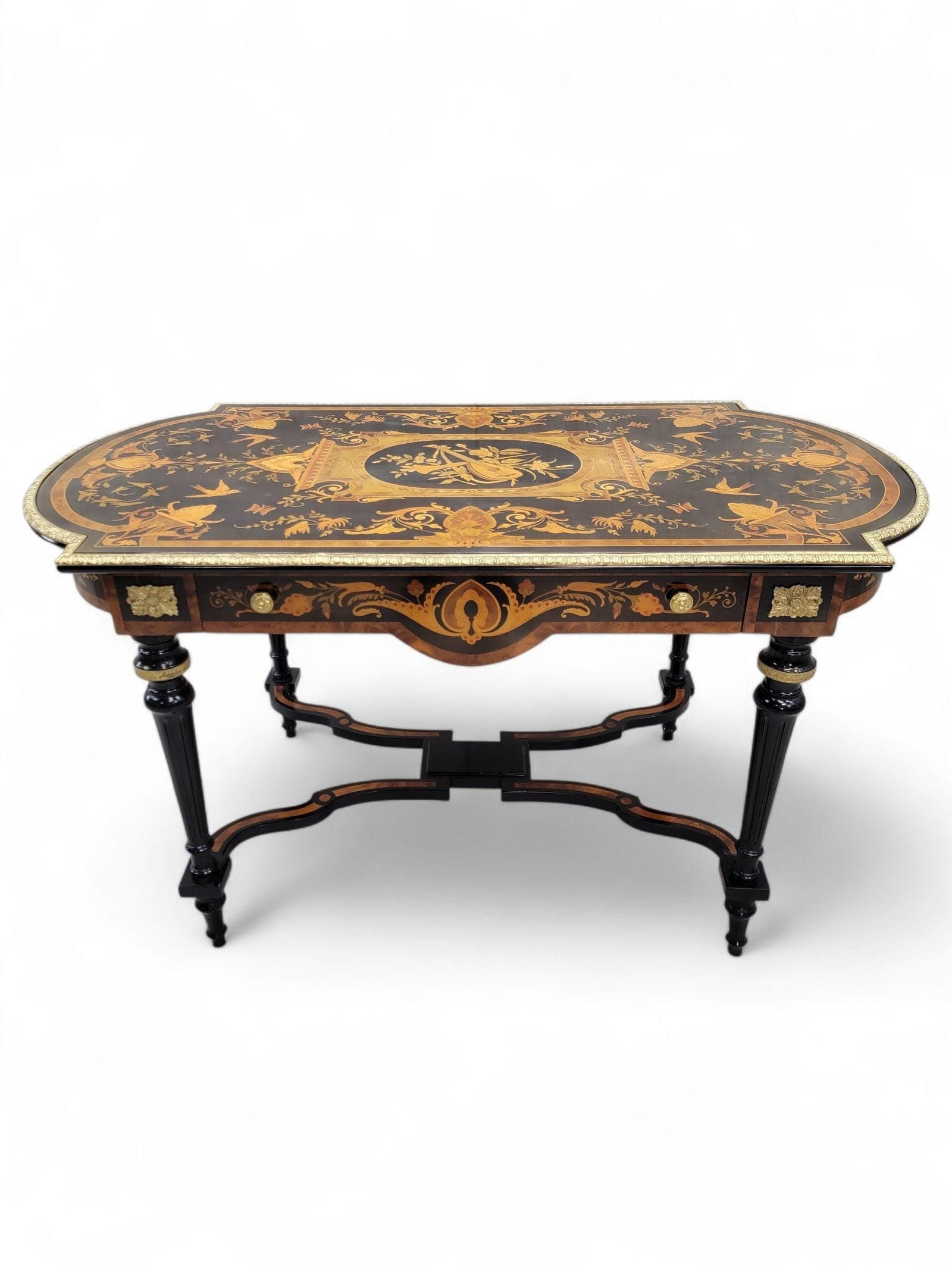 Antique Boulle Style Inlaid Brass Ormolu Mount Ebonized Writing Table Desk - 7