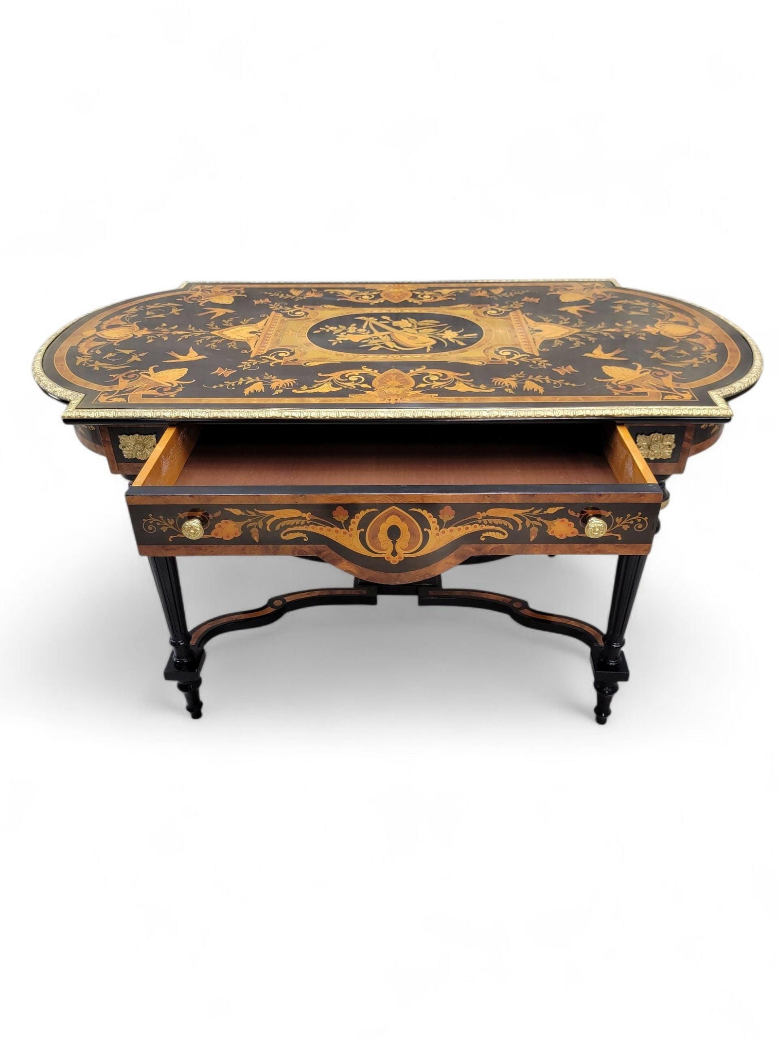 Antique Boulle Style Inlaid Brass Ormolu Mount Ebonized Writing Table Desk - 8