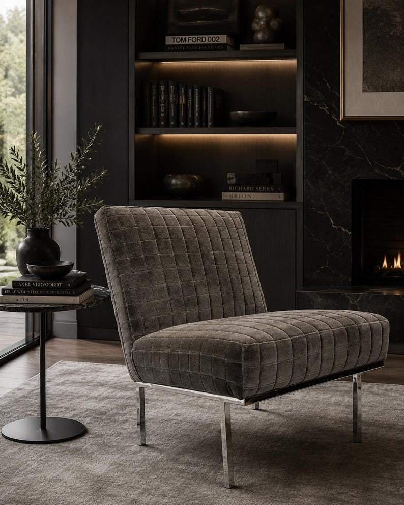 MCM Florence Knoll Style Slipper Chair Newly Reupholstered: Title: MCM Florence Knoll Style Slipper Chair Newly Reupholstered Description: Mid Century Modern Florence Knoll Style Chrome Base Slipper Chair Newly Reupholstered in a "Clay-Gray" Cube Patterned Vel