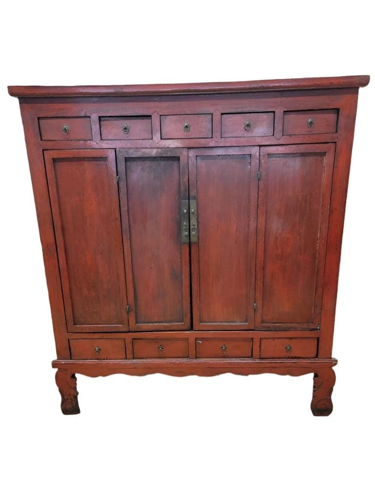 Antique Shanxi Province Red Lacquered Elm Cabinet - 2