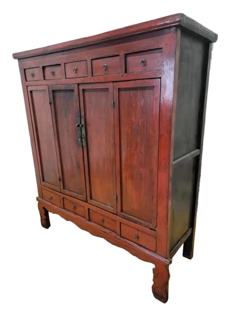 Antique Shanxi Province Red Lacquered Elm Cabinet - 3