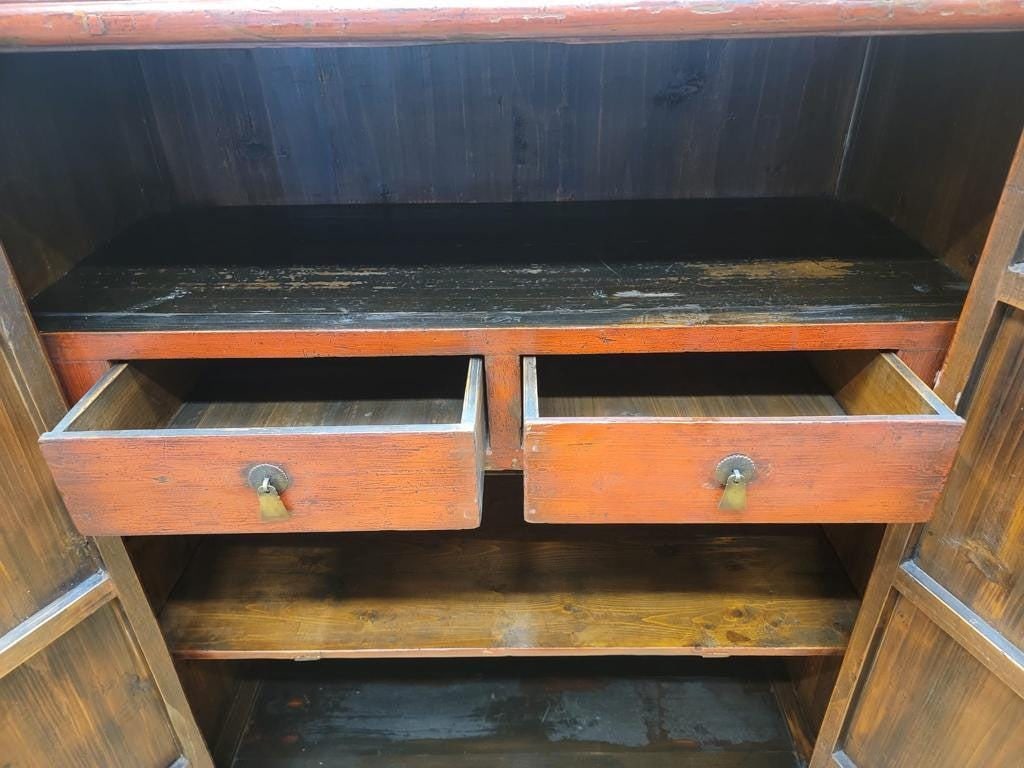 Antique Shanxi Province Elm Red Lacquer Cabinet - 7