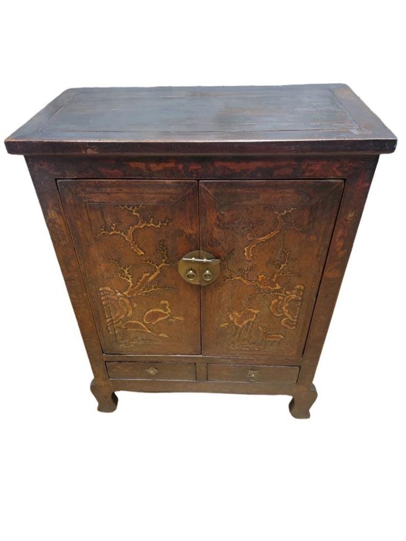 Antique Shanxi Province Elm Cabinet: Title: Antique Shanxi Province Elm Cabinet Description: Antique Shanxi Province Elmwood Lacquered Cabinet with Painting on DoorsThis cabinet has 2 drawers and 2 shelves with hand painted doors, displa